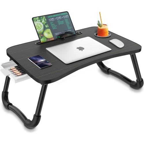 Zapuno Foldable Laptop Bed Table, Laptop Desk, Breakfast Tray, Arc Shape | Multi-function Lap Bed Tray, Storage Drawer and Water Bottle Holder, Slot for Eating, Working, For Bed/Couch/Sofa