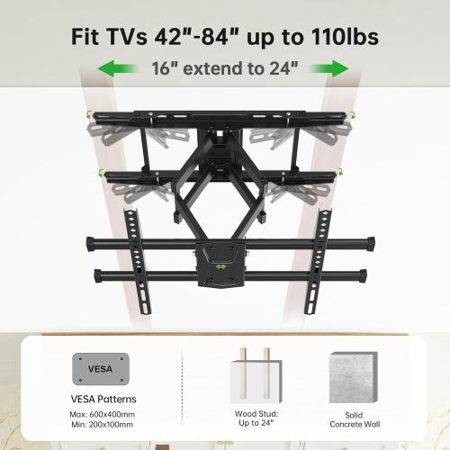USX MOUNT UL Listed TV Wall Mount for 42-84 TVs up to 110lbs and 8-24 Wood Studs, TV Mount with Tilt, Swivel & Extension, Wall Mounts Bracket with Dual Articulating Arms, Max VESA 600x400mm
