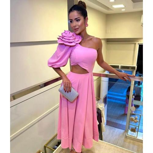 RanRui Women's 3D Flower Cut Out one Shoulder Elegant Wedding Guest Dresses Formal Dresses Size small