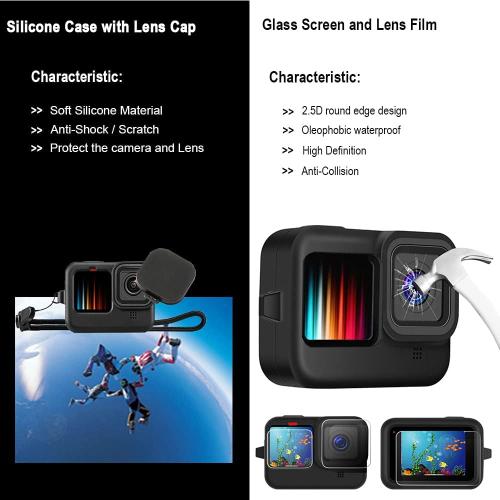 Husiway Accessories Kit for Gopro Hero 13 12 11 10 9 Black Waterproof Housing Silicone Case Glass Screen Protector Bundle for Go pro Gopro13 Gopro12 Gopro11 Gopro10 Hero13 Hero12 Hero11 Hero10 Camera 62E