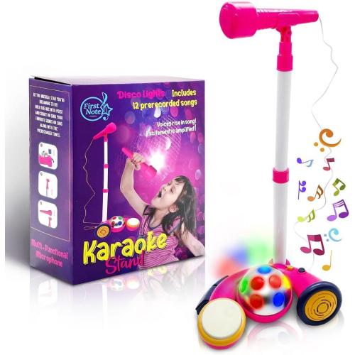 Karaoke Machine with Stand, Sing Along Microphone for Kids, Musical Toy with Flashing Stage Lights and Pedals for Fun Sound Effects, Pink