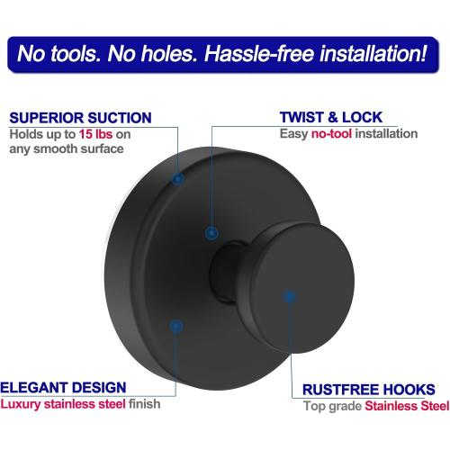 Suction Cup Hooks for Shower, Removable Towel Hooks for Bathroom Window Glass Door Wall, Bath Robe Looafh Wreath Hook for Hanging - 2 Pack, Black