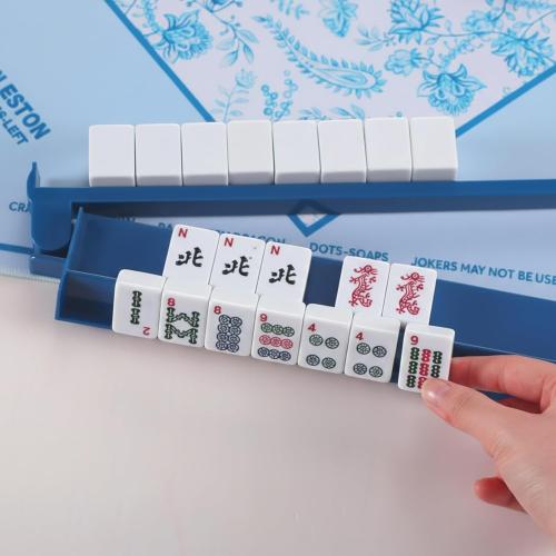 4 Pcs 18.7 Inch Dark Blue Acrylic Mahjong Tile Racks with Pushers for Game Night American Mahjong Racks Tile Set for Mah Jong Lovers and Beginners
