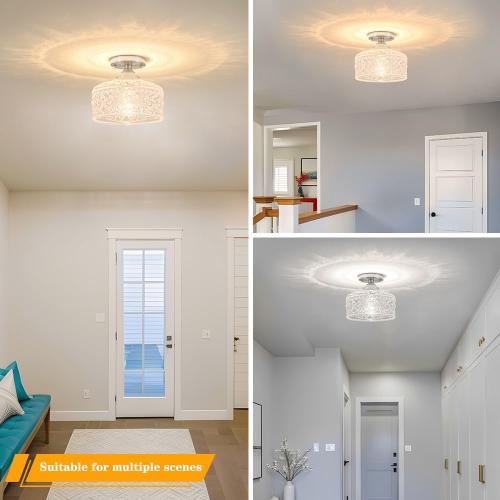 Brushed Nickel Semi Flush Mount Ceiling Light, Antique Ceiling Light with Glass, Indoor Close to Ceiling Light Fixture, Entryway Light Fixtures, Overhead Lighting Fixture for Hallway Kitchen Bedroom