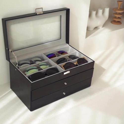 Size 18 Slots ProCase 3-layer Sunglasses Storage Organizer, 18 Slots Leather Sunglass Box Multiple Pairs Eyeglass Cases Eye Glass Eyewear Display Holder for Men Women, Father's Day Gift -Black