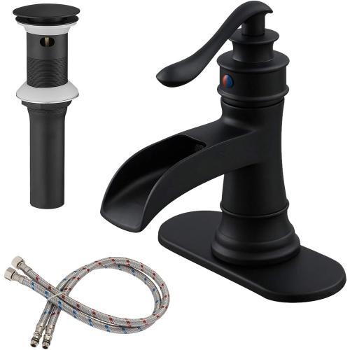 BWE Matte Black Bathroom Faucet, Waterfall Bathroom Faucet Sink Lavatory Single Hole Faucets One Handle Bath Antique with Brass Pop Up Drain Stopper Mixer Tap Overflow Water Supply Line