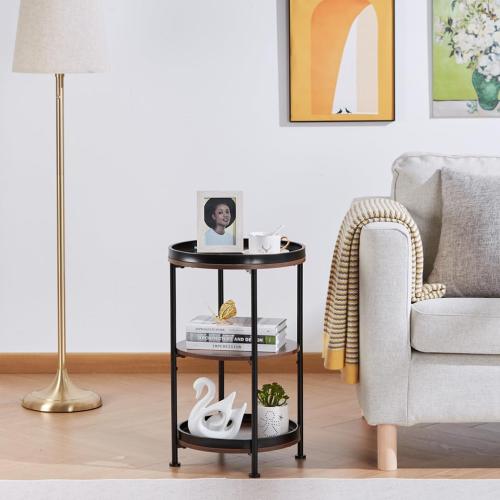 Dulcii Side Table, Round End Table with 3 Storage Shelves for Living Room, Bedroom, Nightstand with Steel Frame for Small Spaces, Industrial Round Sofa Table, Outdoor Accent Coffee Table, Rustic Brown