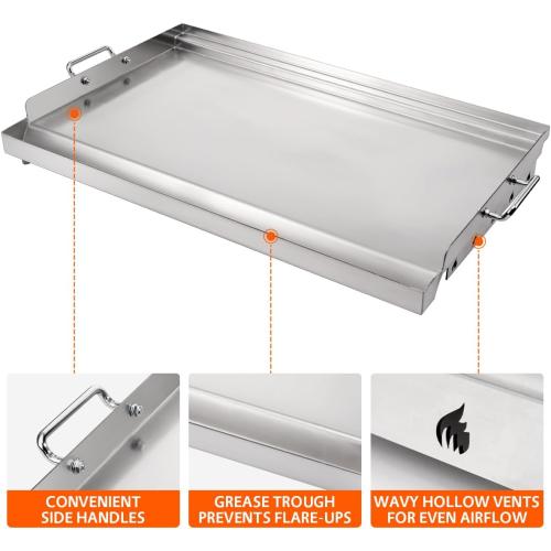 LotFun 25 x 16 Stainless Steel Cooking Griddle for Outdoor Gas Grill, Universal Griddle Flat Top Plate Insert with Grease Groove and Removable Handles for Electric/Charcoal/Gas Grill, Camping,Party