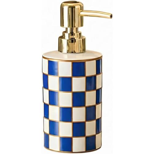 Blue and White Checkered Ceramic Soap Dispenser, Cute & Durable for Bathroom, Ideal Checkered Bathroom Decor