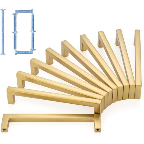 KOOFIZO Solid Square Brushed Gold Kitchen Cabinet Handles Gold Cabinet Pulls, 10 Pack 5 Inch Gold Hardware for Kitchen Cabinets Drawers Dresser Cupboard Bedroom Bathroom