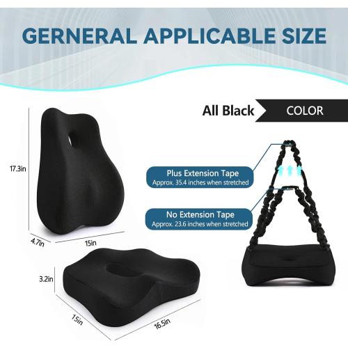 Seat Cushion & Lumbar Support Pillow Set for Office Chair, Ergonomic Pillow for Sciatica Pain Relief, Memory Foam Back Support Pillow & Chair Cushion for Gaming Chair and Travel (Black)