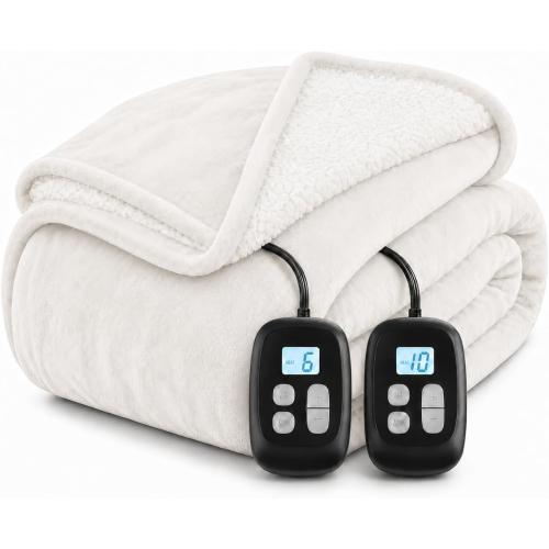 Electric Heated Blanket King Size 90 x 100, Soft Flannel for Bed, Couples, 10 Heat Settings, 1-12H Auto Shut Off, Dual Zone Controls, Overheat Protection, Machine Washable, White