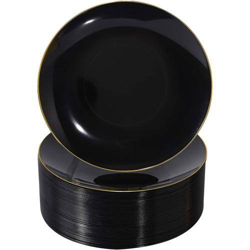 Nervure 100 Pieces Black Plastic Plates - 7.5inch Black Dessert Plates - Disposable Gold Plastic Plate - Disposable Plate Ideal for Wedding & Father's Day & New Year