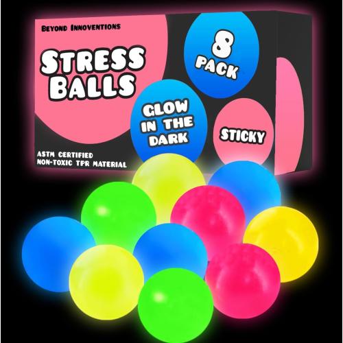 Glorbs Sticky Stress Balls - Fidget Toys Pack of 7 - Glow in The Dark Stress Ball - Sticks to Ceiling and Wall - Stress Relief Gifts, Party Favors, Squishy Toys, Anxiety Relief Stress Balls for Adults
