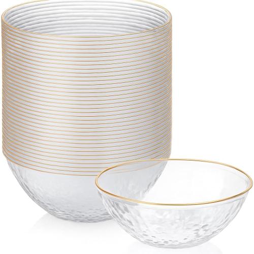Hammered Gold Plastic Bowls Disposable Heavy Duty - 12 Oz Clear Plastic Bowls For Parties - Premium Clear Disposable Bowls for Hot Soup, Salads.