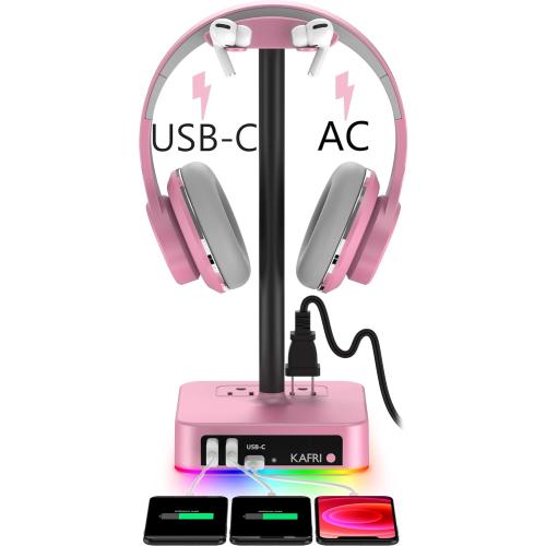 KAFRI RGB Headphone Stand with USB Charger Desk Gaming Headset Holder Hanger Rack with 3 USB Charging Port and 2 Outlet - Suitable for Gamer Desktop Table Game Earphone Accessories Girlfriend Gift
