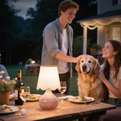 14''H Cordless LED Ambient Table Lamp, Rechargeable Ceramic Bedside Lamp with 3-Level Dimmable Soft Lighting, Linen Shade, Cozy Room Decor for Teens (Pink)