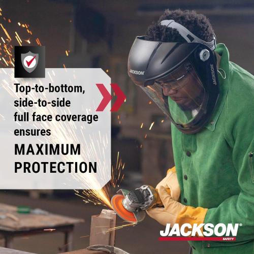 Black Jackson Safety Lightweight MAXVIEW Premium Face Shield - Mask with 370 Speed Dial Ratcheting Headgear, ANSI Z87.1, for Work, Grinding, Cutting - Anti Fog Coating - Clear Tint