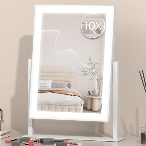 Hollywood Vanity/Makeup Mirror with Lights,18.9x11.8Lighted Makeup Mirror,Three Color Lighting Modes,Detachable 10X Magnification Mirror,360 Rotation,Touch Control,for Dressing Room,Bedroom ( little damage on the little mirror see the pictures )