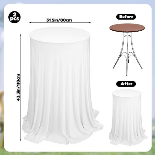 2 Pack Cocktail Table Tablecloth with Skirts 32 x 43Inch Soft Fabric Round High Top Table Cover Stretch Reusable Tablecloth Skirt Cocktail Tablecloths for Wedding Party Banquet Table Bar, White