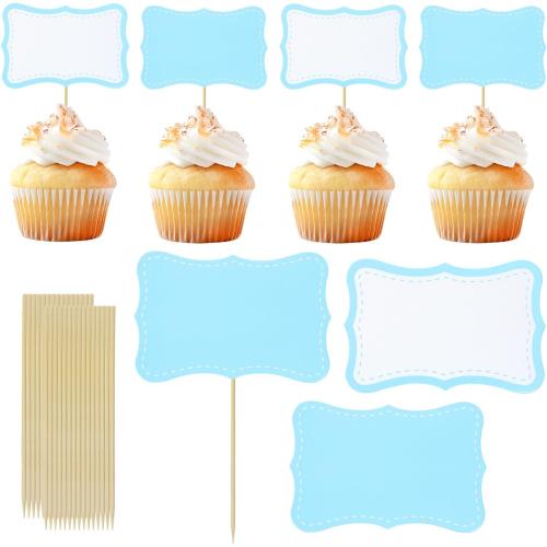 ONLYKXY 20pcs Blank Cake Cupcake Toppers Decor Toothpick Flag Cute Food Appetizer Funny Stick Picks DIY Marker Tag Sign for Theme Party Bride Shower Birthday Wedding (Blue & White)