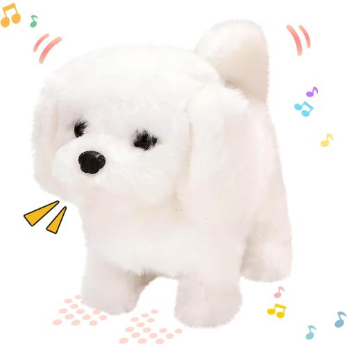 Hopearl Walking Dog Bichon Interactive Electronic Pet Plush Toy Puppy Woof and Moving Animated Nodding Head Gifts for Toddlers Birthday, White, 7''