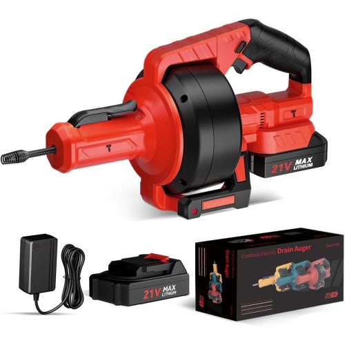 Electric Drain Auger,21V Cordless Drain Snake,25Ft Auto-Feed Snake Drain Hair Removal Tool with 2.0Ah Battery,Sink Snake Drain Cleaner for Sewer,Toilet,Kitchen,Shower 3/4-2.95 Pipes(Bag&Gloves&Rag）