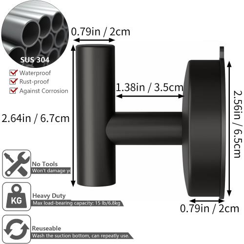 DGYB Large Suction Cup Hooks for Shower Set of 2 Black Towel Hooks for Bathrooms Stainless Steel Suction Hooks for Inside Shower 15 Lb Removable Wall Hook for Hanging Heavy Duty