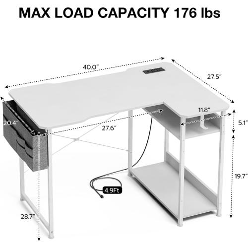 COLOR BLACK Small Gaming Desk with Power Outlets, 40 Inch L Shaped Desks with Reversible Shelves and Storage Bag,Computer Desk Corner Desk PC Desk for Gaming and Home Office Table