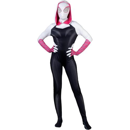 Size M MARVEL Spider-Gwen Official Adult Zentai Halloween Costume - Hooded Spandex Jumpsuit with Printed Design and Pull On Mask