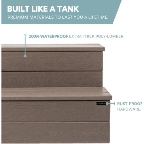 Hot Tub Steps - Wood Looking Plastic - 100% Waterproof - Brown Non Slip, Heavy Duty, Multi Use as Porch Steps, Hot Tub Stairs, Outdoor Stairs, Fits Any Spa Size