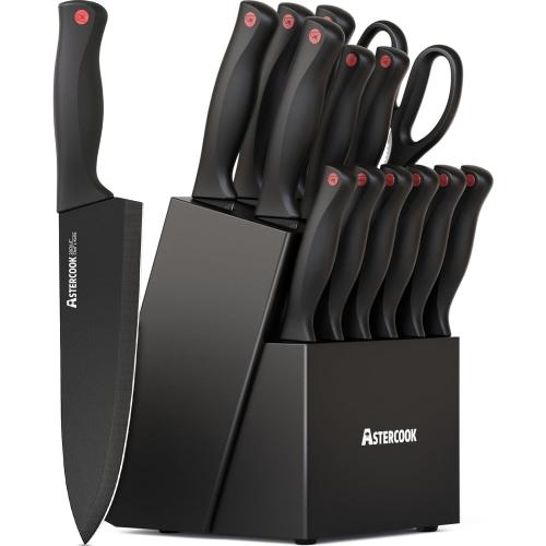 Astercook 15 Piece Knife Set with Sharpener Block - German Stainless Steel, Dishwasher Safe Kitchen Knives with Built-In Sharpener, Black