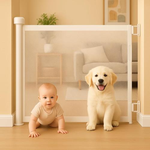 Retractable Baby Gate – 35 Tall, 55 Wide Mesh Safety Gate for Dogs & Babies, Indoor/Outdoor Use for Stairs, Doorways, Hallways, Deck & Porch – Easy One-Handed Wall Mount Design