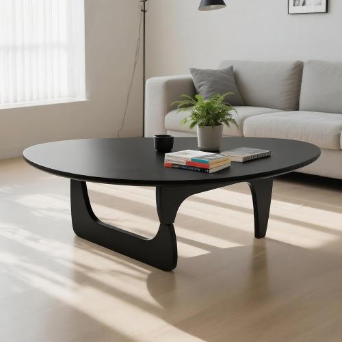 Solid Wooden Modern Triangle Coffee Table: Unique Funky Coffee Tables for Living Room, Oval Mid-Century Irregular Abstract Tea Tables for Patio Office Balcony Bedroom (Black, 43 L x 31 W x 16 H)