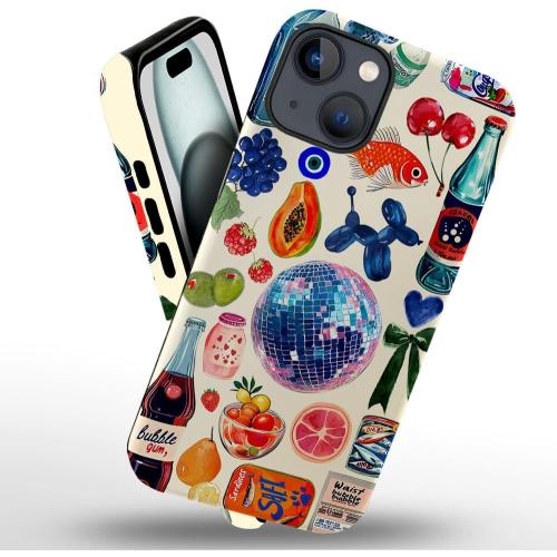 Case Compatible with iPhone 15,Hybrid 2-Layer Hard Shell,Shockproof Soft for Girl Women,European Fruit Bow Collage