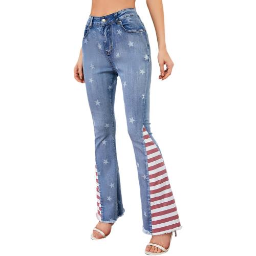 Women's 3XL Ripped American Flag Bell Bottom Jeans High Waisted Frayed Raw Hem Casual Slim Denim Pants