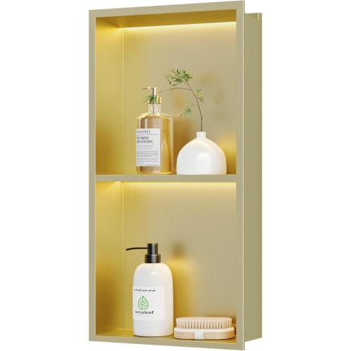 Neohomee 2-Tiers 12x24 Shower Niche with LED Light Strips, Golden Recessed Wall Cabinet, Stainless Steel Wall Niche for Shower Wall, Waterproof NO Tile Needed Storage Organizer (3000K LED Light)
