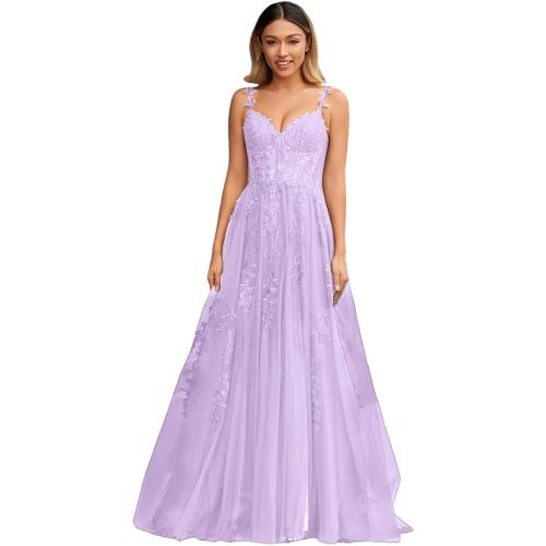 SIZE 2 Long A Line Tulle Prom Dresses for Women Spaghetti Straps Lace Appliques Formal Evening Gown