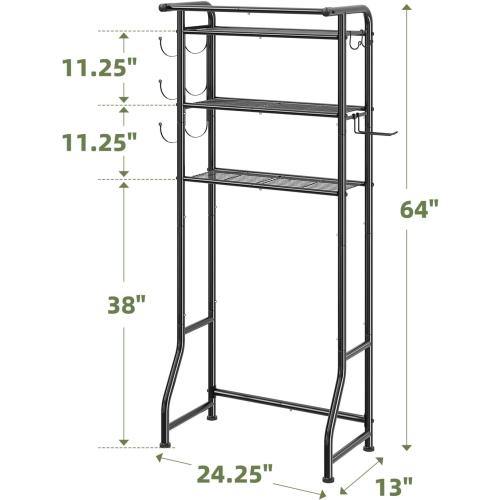 Simple Trending Over The Toilet Storage Cabinet, Metal Bathroom Shelf Organizer with Paper Holder and Hooks, 3 Tier, Black