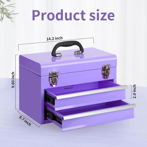 14 Inch Steel Portable Tool Box with drawers - Tool Storage Box Organizer with Metal Latch Closur - Powder Coated Toolbox Chest for Tools Storage Cabinet (PURPLE)