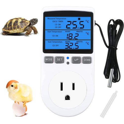 Backlit Digital Temperature Controller, LCD Screen Heating Cooling Thermostat Outlet Socket with Sensor Timer Regulator for Reptile Incubator Greenhouse Brewing Refrigerator, 120V, 15A, ℉/℃