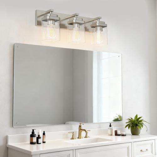 Brushed Nickel Bathroom Light Fixtures, 3 Lights Bathroom Lighting Fixtures Over Mirror, Square Design & Rectangle Large Backplate, Modern Vanity Lighting Fixtures, for Living Room/Bedroom