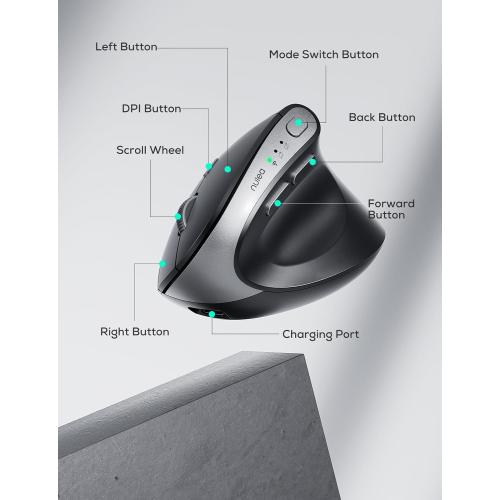 Nulea MD280 Ergonomic Vertical Wireless Mouse - Bluetooth & 2.4G Dual Mode, 4 Adjustable DPI 800/1200/1600/2400, Rechargeable, Silent Clicks, No Lag, 6 Buttons - Perfect for Laptop, Desktop Black