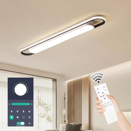 4Ft Modern Smart LED Linear Ceiling Lights Dimmable LED Ceiling Lamp with Remote Control,65W Metal/Acrylic Flush Mount Ceiling Lighting Fixtures for Kitchen Living Room Kitchen Dining Room (48)