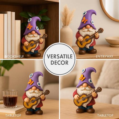 Musical Gnome Figurine with Guitar – Handcrafted Resin Garden or Shelf Decoration, 6.2 Tall Whimsical Gnome Statue with Purple Hat, Flowers & Butterfly, Gift for Music Lovers (Purple)