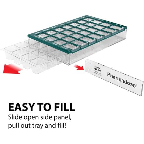 Pill Organizer Weekly (7-Day), Medicine Planner, Vitamin Case/Box, Medium Compartments with Easy Fill Tray, 4 Times a Day, Easy to Use Containers, Clear Lids, Green, BPA Free
