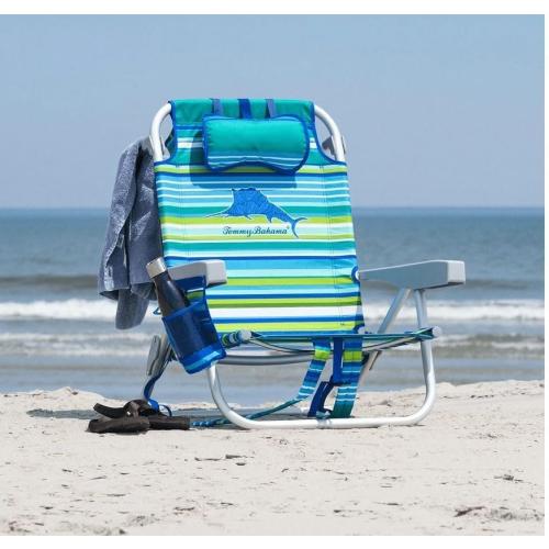Tommy Bahama TECNOLIFE Folding Beach Chair Green Stripes 2026 Model with Insulated Bag and Adjustable Pillow ONE SINGULAR CHAIR
