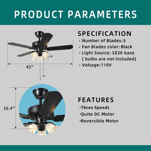 42 Inch Indoor Ceiling Fan with Pull-Chain and Three LED Light Bulbs Base, Traditional 3-Speeds Reversible Blades Ceiling Fan (Black)