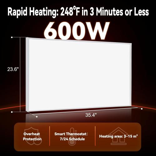 Space Heater for Indoor Use 600W– Wall Mounted Smart Infrared Heating Panel Appliance with Thermostat, Overheating Protection, Energy Efficient, 100% Flame Retardant, 10-Year Warranty