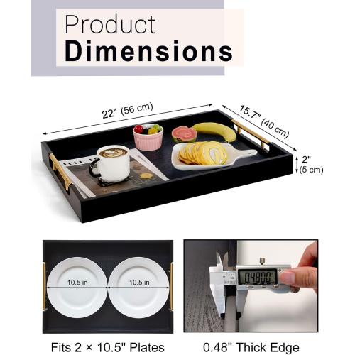 22 Inch Rectangle Black Ottoman Tray with Gold Metal Handles, Extra Large Wooden Serving Tray for Living Room, Coffee Table, Kitchen & Hosting